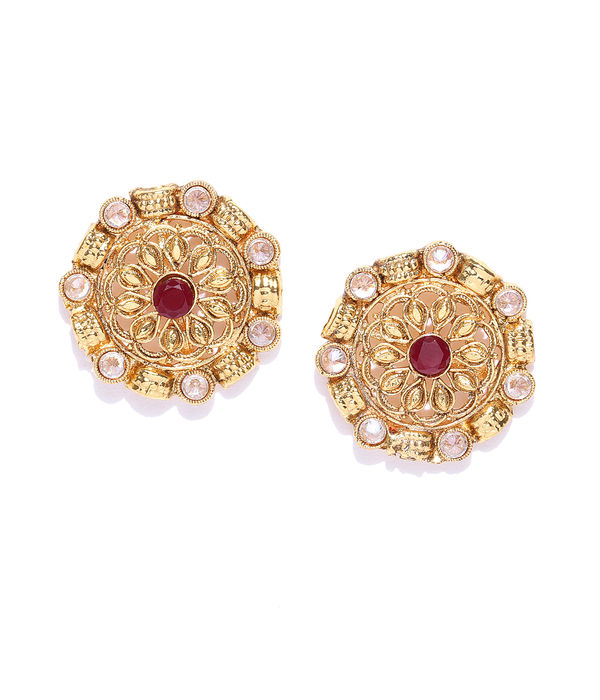 YouBella Red Gold-Plated Textured Circular Oversized Studs